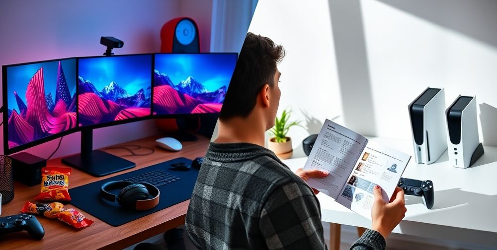 A split-screen visual showing: left side a gaming setup with triple-monitor PC, gaming headset, snacks, right side a minimalist desk with Nintendo Switch, PlayStation 5, and Xbox Series X displayed, and in foreground a person comparing game controllers and specs printouts.