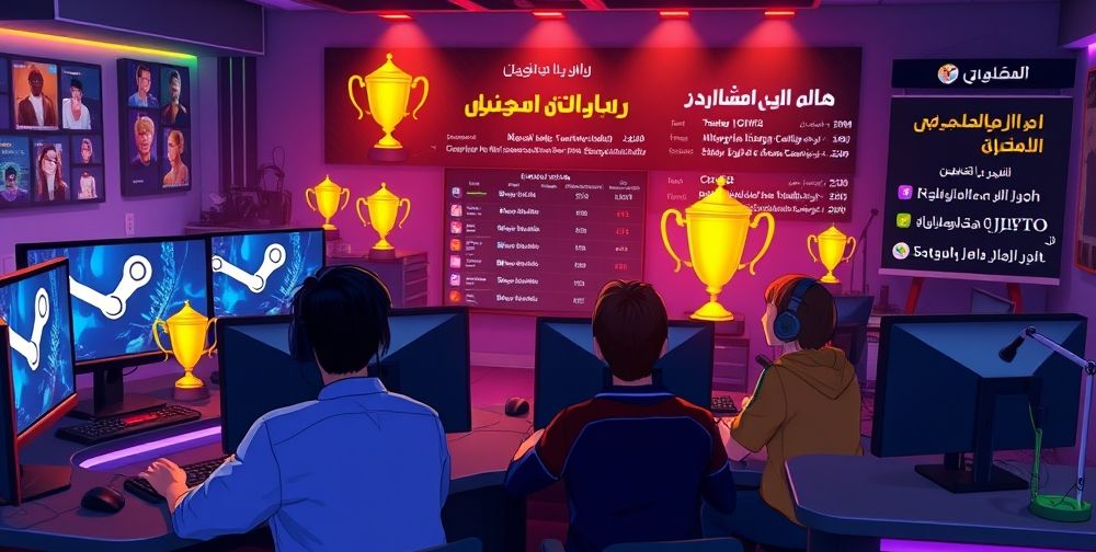 Animated, vivid scene of gamers participating in a virtual Steam tournament, digital trophies on screens, friends cheering, chat windows open, and a leaderboard in Persian script.