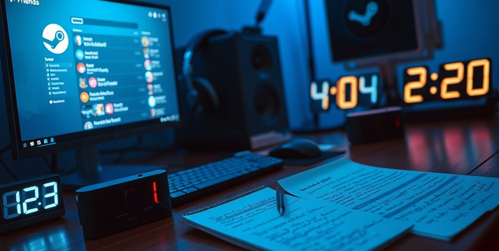 A young Persian gamer with headphones sharing tips with teammates via voice chat, a glowing Steam Friends list open, strategy notes scribbled on paper, with a digital clock showing 1404-02-20.