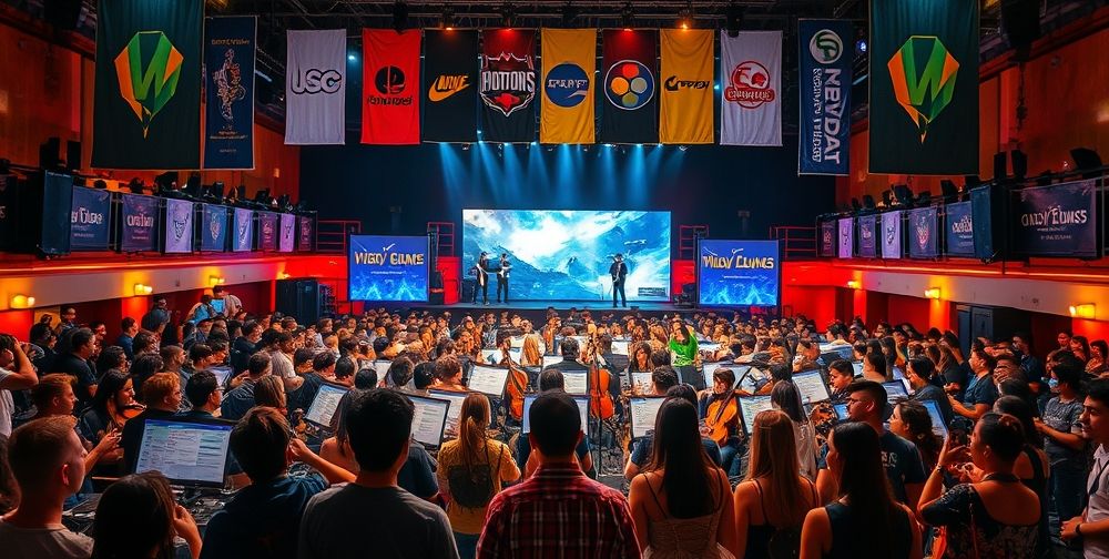An engaging cultural event scene where diverse people listen to a live orchestra performing famous video game soundtracks. Ambient lighting, branded banners, and cosplay attendees enhance the fusion of gaming and music culture.