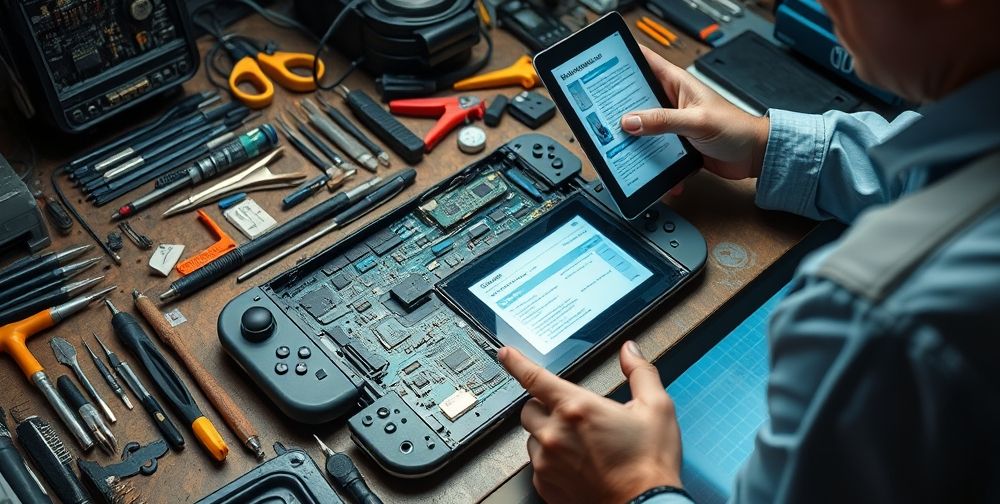 A technical repair scene showing a Nintendo Switch opened on a workbench with microchips and circuit boards, surrounded by precise debugging tools and a technician referencing a digital troubleshooting manual.