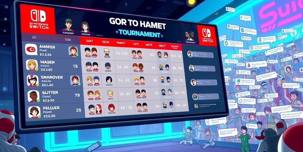 A digital illustration of an international Nintendo Switch online tournament scoreboard, with avatars, gamer tags from different countries, and a live chat window, evoking excitement and connection.