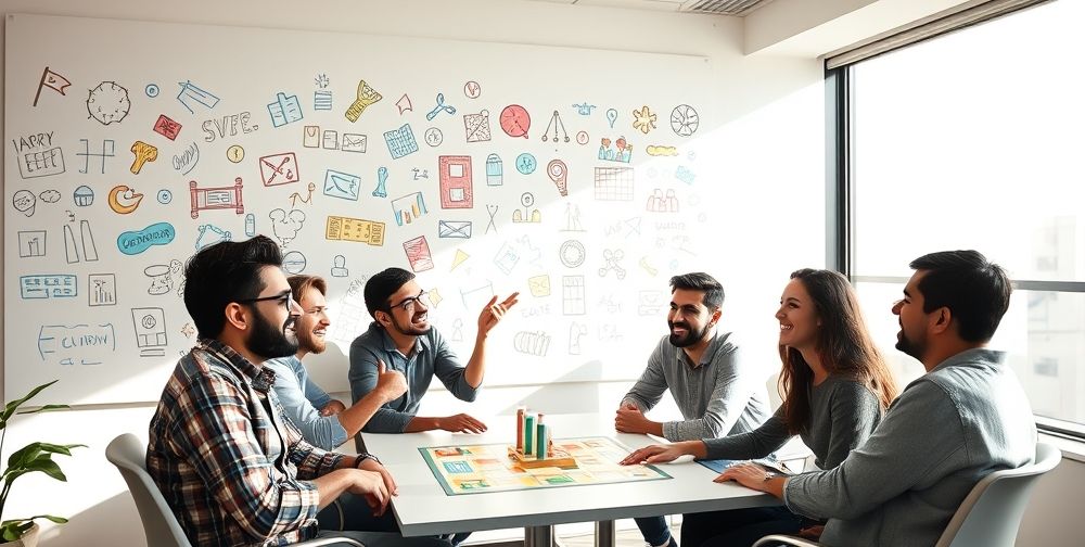 A sun-drenched Iranian tech start-up office where young entrepreneurs celebrate a breakthrough. On the whiteboard, colorful business models mingle with hand-drawn game icons, illustrating the blend of play and commerce. Some laugh around a strategy game, others present via digital screens.