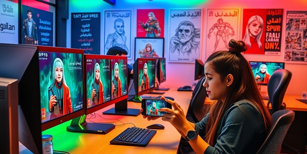 An energetic modern Iranian startup office with developers collaborating on computer screens showing Persian RPG game characters, motivational posters in Persian, a wall with concept art, a young woman testing a smartphone game on the latest device.