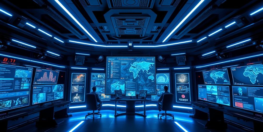 Inside an advanced game moderation control center, AI operators review large interactive monitors with real-time chat analysis, suspicious behavior detected in data streams, and digital alerts flashing among iconic MMO game screens.