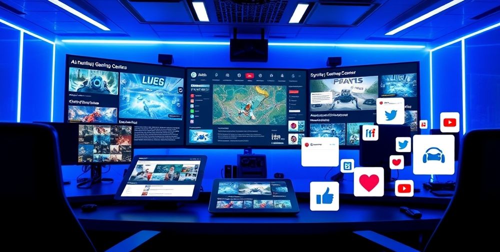 A dynamic digital dashboard filled with real-time gaming news updates, a tablet displaying filtered news feeds, and notifications popping up over social media logos, all in a sleek modern workspace environment.