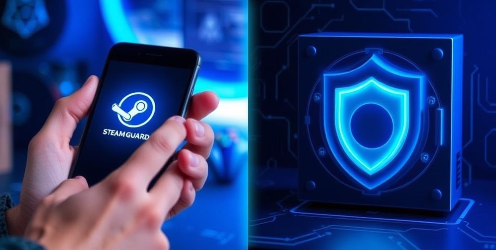 A split scene: on one side a gamer enabling Steam Guard on their phone, on the other, a shielded digital vault representing secure game inventory and personal data. Background has subtle gaming motifs.