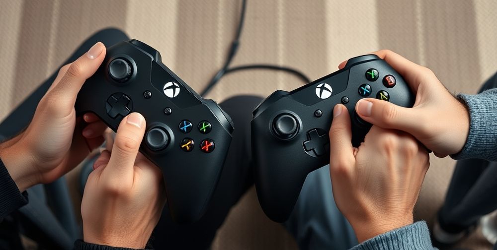 An overhead shot showing a gamer using the Xbox Series X controller versus a friend using an Xbox One controller, focusing on their hands, the triggers, and the texturized grips. Both are playing a split-screen racing game, laughter and fun visible.
