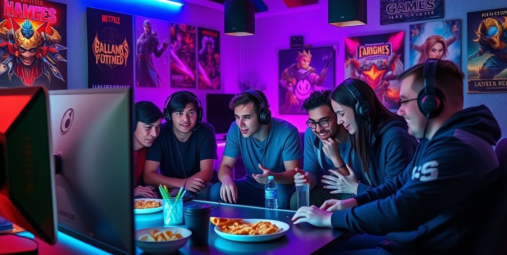 A lively group of diverse gamers communicating and collaborating via headsets in a cozy gaming room, illuminated by colorful LED lights, game posters on the walls, and snacks on the table.