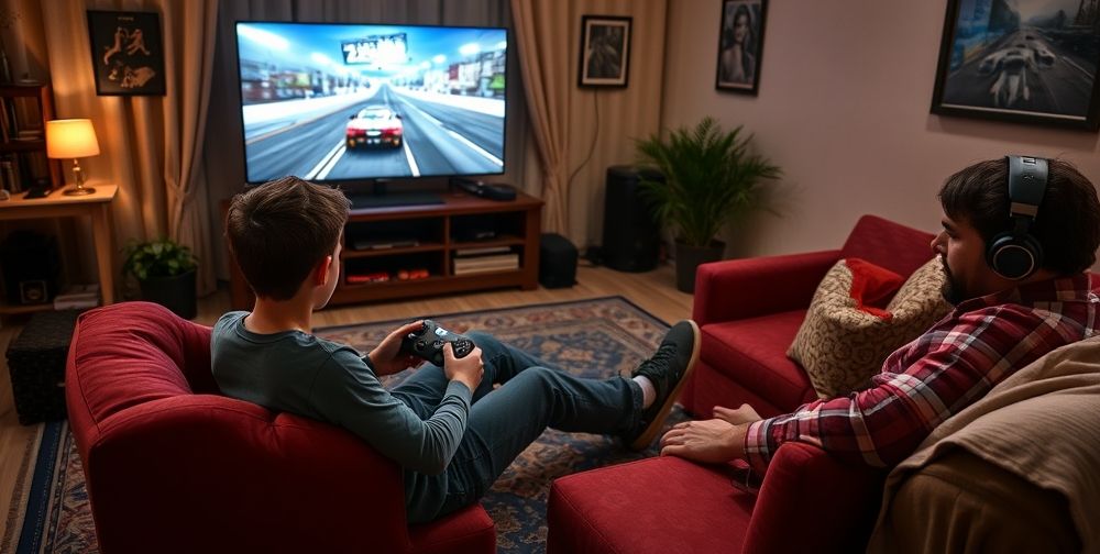 A cozy Persian living room at night, with a young gamer sitting comfortably, using an Xbox Series X controller, surrounded by modern gaming accessories and a glowing TV displaying a vibrant racing game.