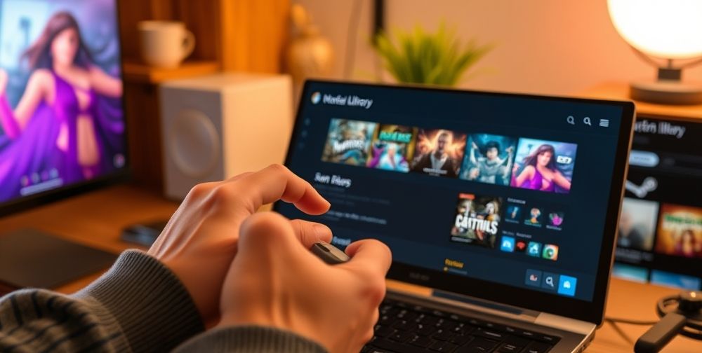 A close-up view showing a gamer’s hands adding a non-Steam game to the Steam library, detailed interface visible, vibrant UI elements, cozy desktop environment.