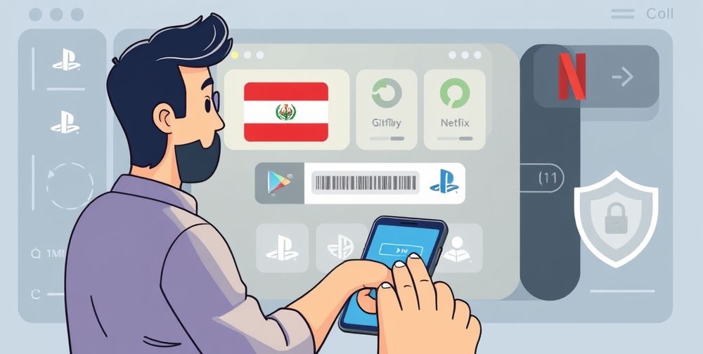 An illustrated digital dashboard with a Persian user redeeming a gift card code on a mobile screen, icons of different platforms (PlayStation, Google Play, Netflix) glowing, and a security shield motif in the corner.