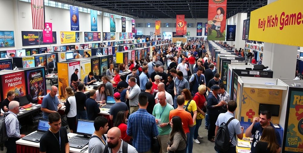 An energetic indie game showcase event inside a vibrant exhibition hall, dozens of booths with colorful banners, enthusiastic gamers testing creative new titles, and developers passionately presenting their work. The scene captures the excitement and diversity of indie game culture.