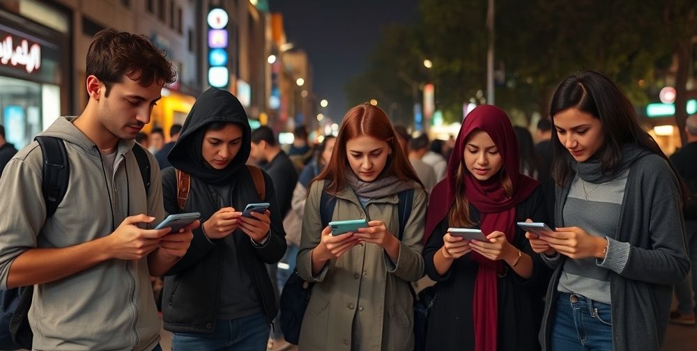 A night-time urban Tehran scene featuring young men and women in casual Iranian dress, some engaged in mobile gaming and a few discussing cultural topics while looking at digital screens, visually connecting youth digital habits and Iranian urban culture.