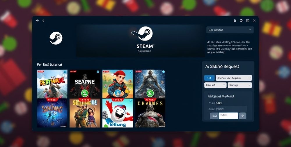 A stylized visualization of the Steam interface showing multiple game discounts, a wallet balance icon, and refund request screens, with a colorful festive background reminiscent of a seasonal sale event, symbolic of value opportunities for gamers.