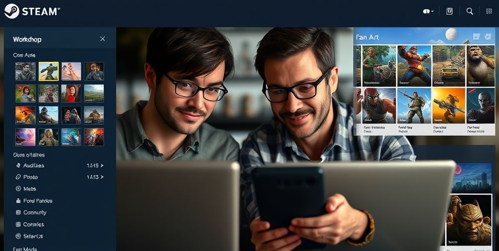 A close-up view of two different users collaboratively creating and sharing game mods in Steam Workshop, with UI panels for browsing, rating, and subscribing to mods, and diverse fan art displayed, representing the creativity and community interaction on the platform.
