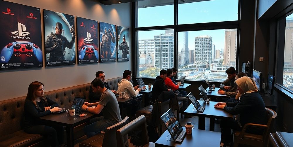 A modern Iranian gaming cafe: walls decorated with PlayStation posters, young men and women of diverse backgrounds playing together at sleek consoles, urban view visible through the window, and Farsi social media on tablets, visually connecting tradition and technology.