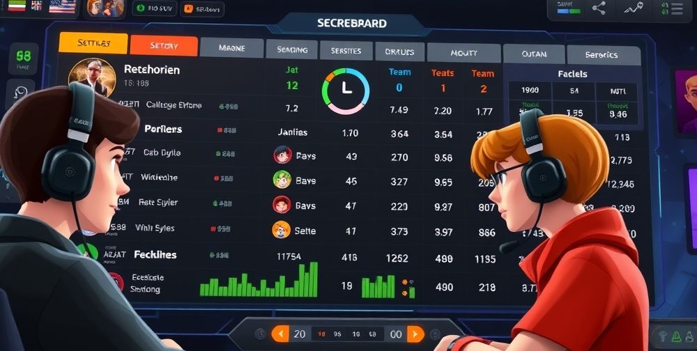 A scoreboard interface from a popular online multiplayer game, showing detailed team statistics as diverse avatars discuss strategies on headsets, symbolizing communication and collaboration.