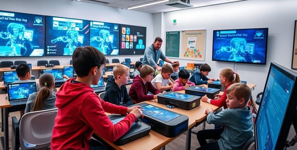A futuristic classroom where students interact with cooperative gaming consoles, learning teamwork principles on large digital screens with the guidance of an enthusiastic teacher.