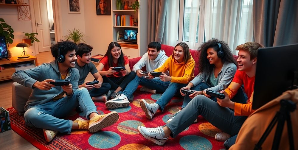 A lively living room scene showing teenagers sitting together on a colorful rug, actively playing PlayStation multiplayer games, exchanging headsets, laughing, and communicating with international players online.