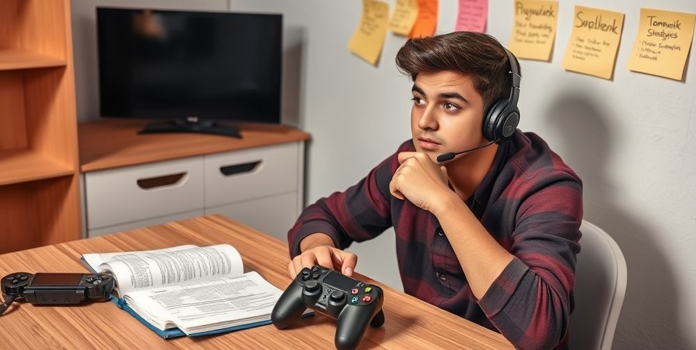 A thoughtful teenager sitting at a desk with a PlayStation controller and a Persian-English dictionary open beside a notebook. He is chatting with teammates through a headset, while sticky notes with English vocabulary and teamwork strategies are visible on the wall.