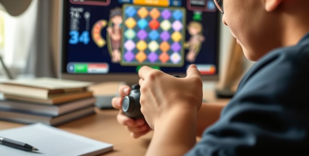 A close-up of a teen’s hands gripping a game controller in front of a brain-training puzzle game on the screen, reflecting critical thinking through intense focus; soft natural light on the desk, educational books nearby.