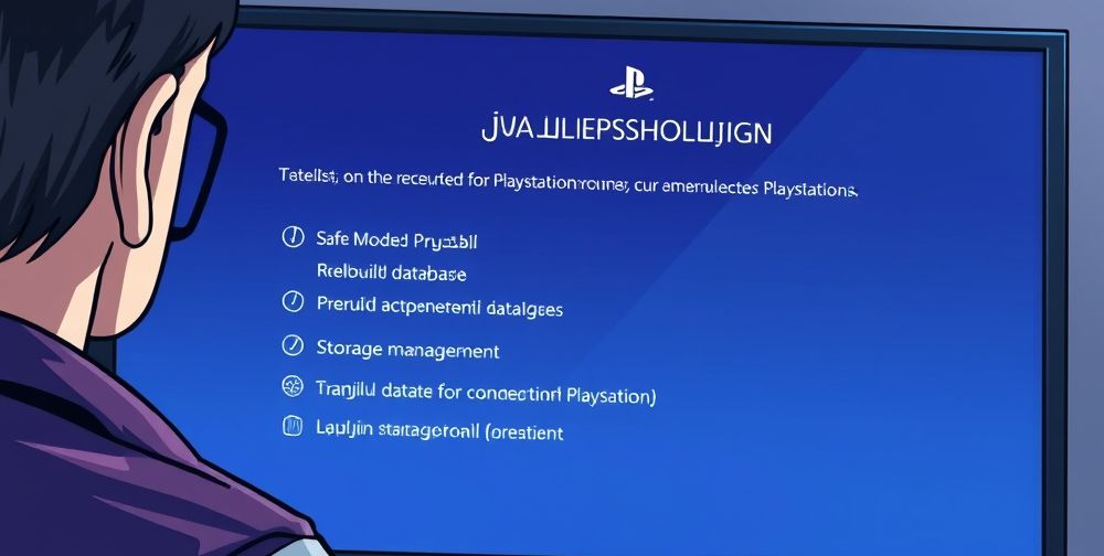 A detailed illustration of a PlayStation troubleshooting screen in Persian with options like Safe Mode, rebuild database, and storage management. A person attentively going through the menu.