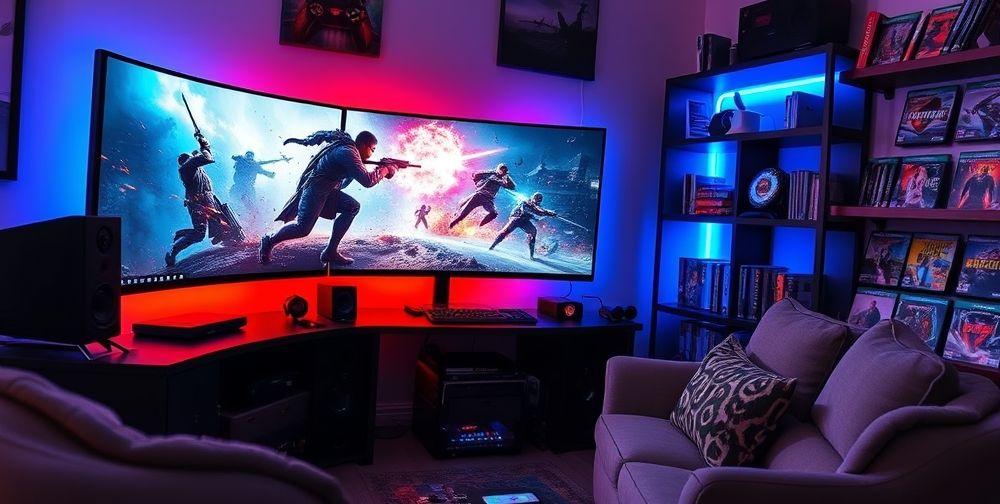 A cozy, modern gamer’s setup with a large curved monitor showing a dramatic action game scene, LED lighting, realistic game controller, and shelves of popular action game covers; room ambiance warm and inviting.