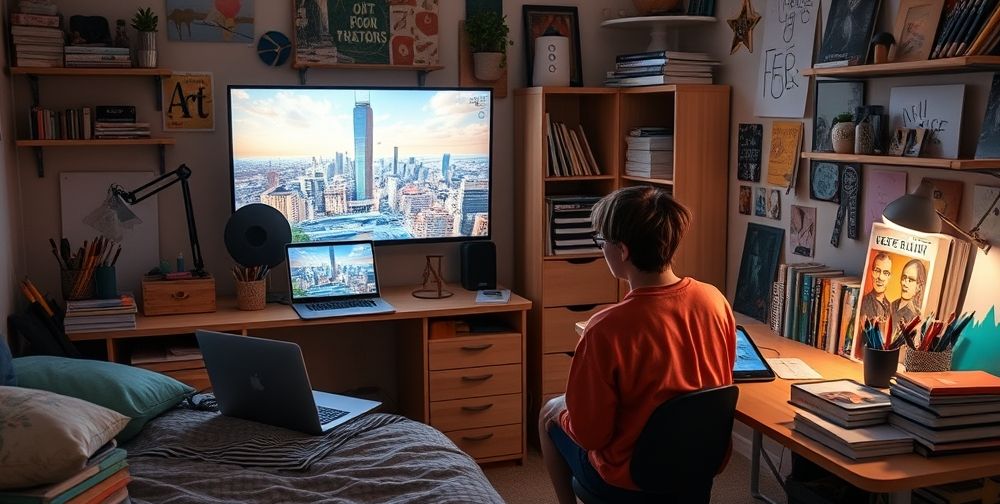A cozy teenage bedroom filled with art supplies, digital tablets, and books about art history, while a laptop screen shows a video game scene with a beautifully designed city, inspiring the teen sitting at the desk.