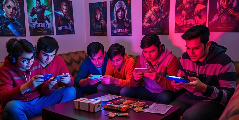 A lively scene showing several young Persian gamers sitting in a cozy room, intensely playing mobile action games, illuminated by the colorful glow of their smartphones. The wall features posters of famous action game characters, and snacks are scattered on the table in an informal, authentic atmosphere.
