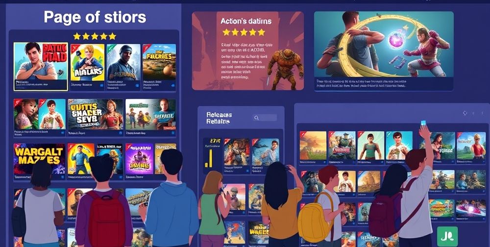 An illustrated digital storefront with highlighted mobile action game icons, dynamic rating charts next to game names, and diverse players of different ages scrolling through reviews under banners showing the latest action releases.