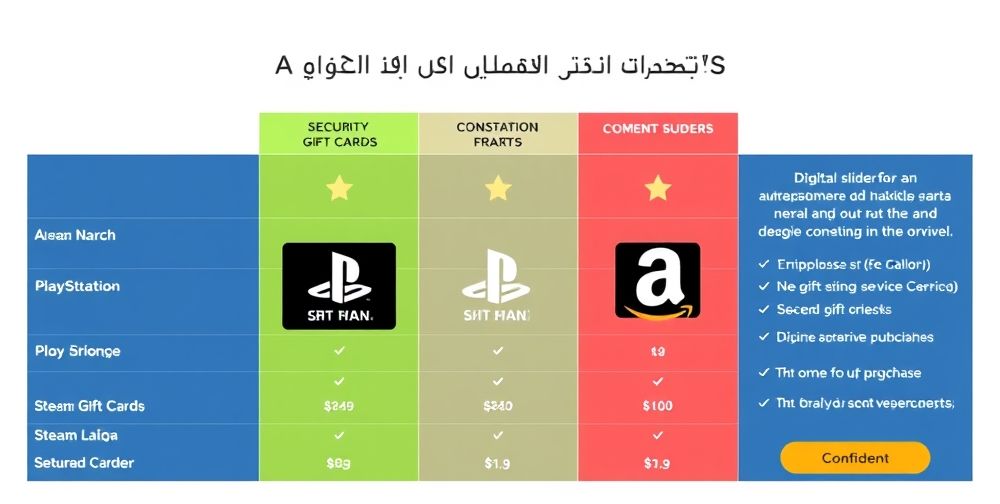 A colorful comparison table on a modern Persian UI, highlighting different digital gift cards (Steam, PlayStation, Amazon) with security padlocks, budget sliders, and confident users approving purchases.