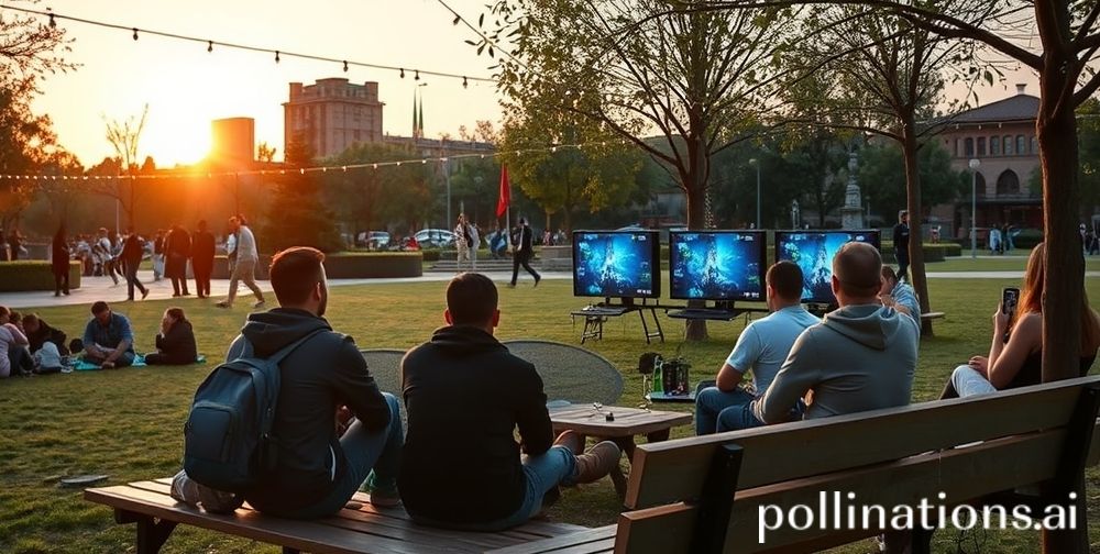 A vibrant urban park in Tehran during sunset, where a youth group has set up a portable PlayStation gaming zone. Some teens play together on screens under string lights, while others cheer and socialize on wooden benches. The background shows families, greenery, and traditional architecture blending the digital and real-world social life.