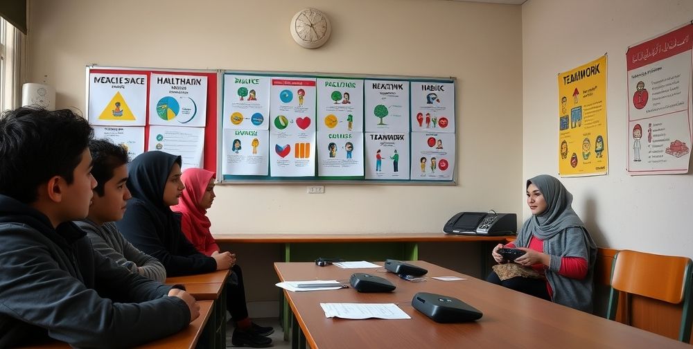 An Iranian classroom setting where students and a young teacher, both male and female, discuss the social aspects of video gaming, with educational posters on the walls highlighting balance, healthy habits, and teamwork.