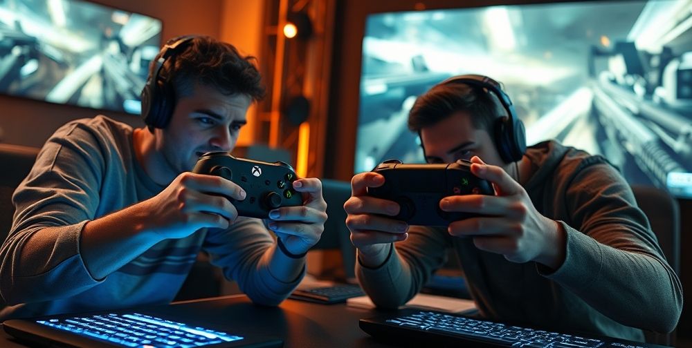 A dynamic scene showing two gamers fiercely competing, each holding Xbox Series X controllers. Visible sweat, excitement on their faces, LED-lit keyboards nearby, and a large screen displaying a fast-paced shooter game.