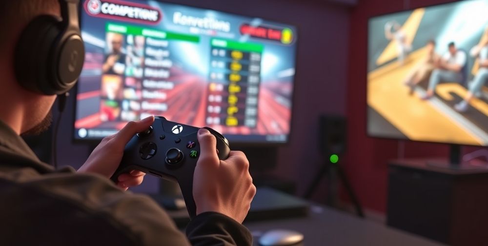 A dynamic scene showing an intense online gaming setup, with a gamer holding the Xbox Series X controller, focused on a competition leaderboard on a large monitor displaying fast-paced action.