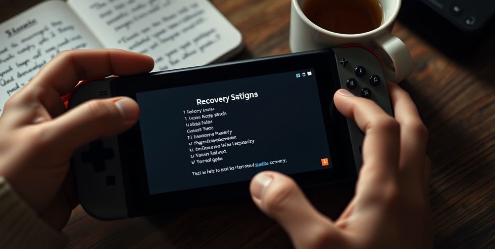 Close-up view of hands operating a Nintendo Switch in recovery mode, with the screen displaying system settings. Next to it, a Persian user’s handwritten troubleshooting notes and a mug of tea evoke a comfortable DIY atmosphere.