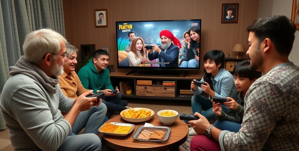 An Iranian family—parents, siblings, and cousins—are gathered in a cheerful home environment, playing cooperative PlayStation games together on a big TV. There are Persian snacks, photo frames, and an atmosphere of domestic togetherness and happiness.