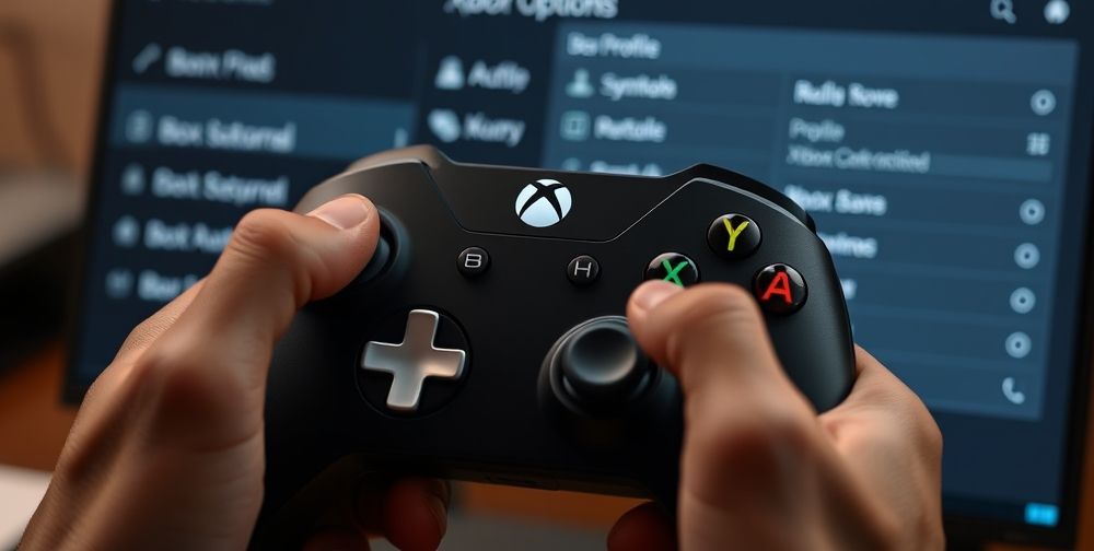 A close-up shot of hands remapping Xbox Series X controller buttons on a dynamic user interface, with profile options tabs clearly visible on screen.