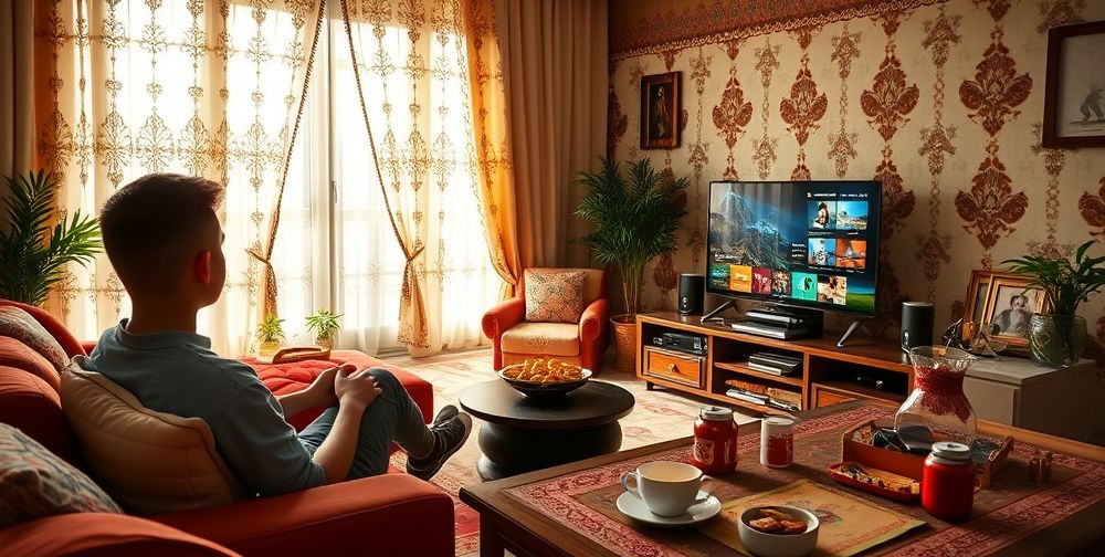 A cozy Iranian living room with a young gamer focused on a modern TV, colorful gaming equipment scattered, sunlight entering through embroidered curtains, and a table filled with healthy snacks and tea.
