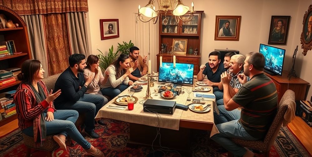 A vibrant scene at an Iranian family gathering around a large table, some people engaged in a multiplayer video game on a console, while others cheer and chat, traditional Persian carpets on the floor and walls, casual modern clothes, and lots of positive energy.