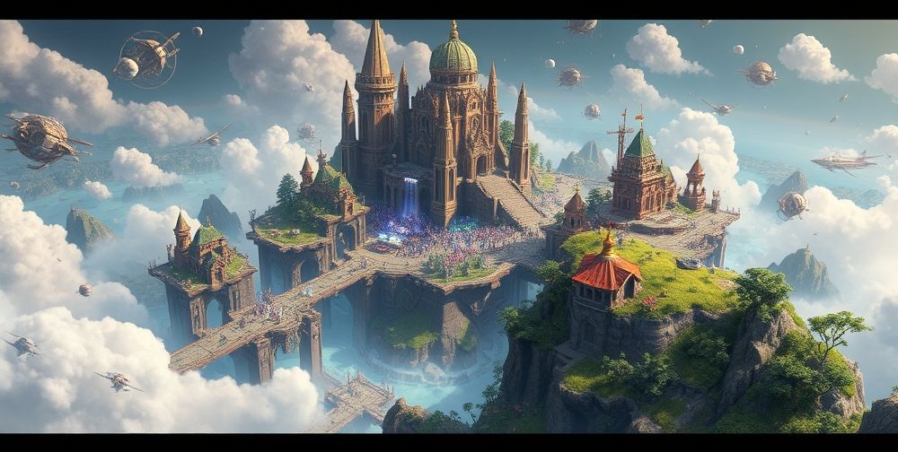 A detailed concept art of a multi-genre gaming world being generated in real-time by an advanced AI, with developers monitoring streams of data and players interacting with infinitely expanding environments. The focus is on creativity, collaboration, and vibrant digital landscapes.