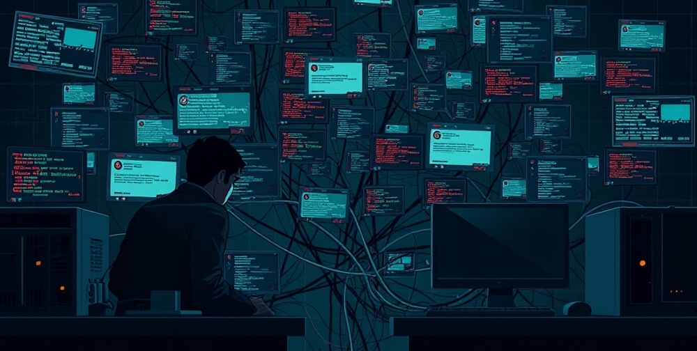 A tense industrial concept art scene showing two developers facing a tangled web of error messages, code failures, and security warning pop-ups on old and new computers, symbolizing technical and ethical AI challenges.