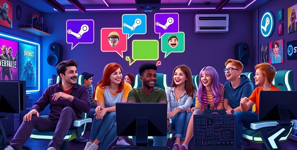 A digital group of gamers from various backgrounds laughing together, with Steam avatars floating above their heads in colorful speech bubbles, glowing gaming chairs, and iconic game covers decorating the room. Decorative neon lights set a fun, energetic social mood.