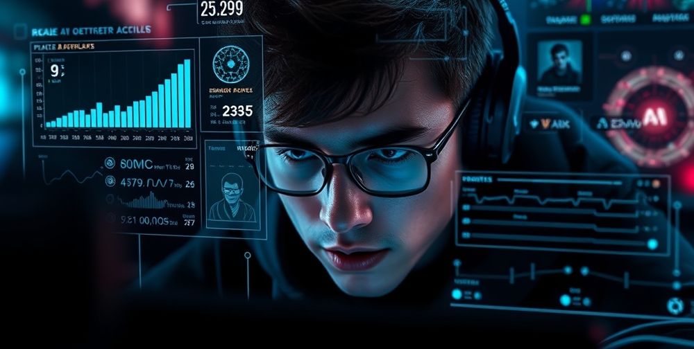 An immersive close-up of a gamer intensely focused on the screen, with a holographic AI overlay displaying real-time statistics, emotional recognition graphs, and player heatmaps, all in a dark futuristic gaming setup.