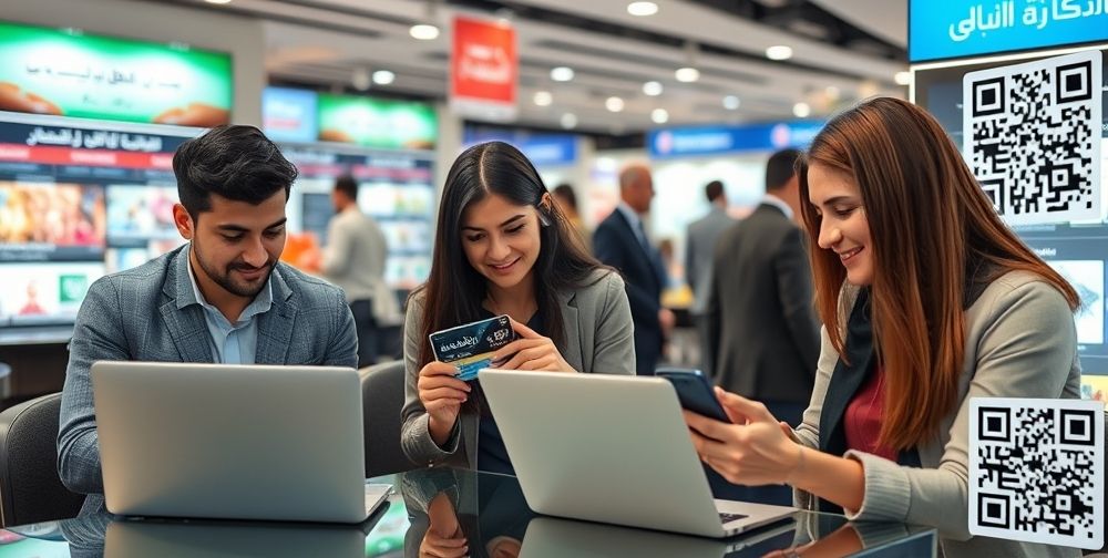 A digital marketplace scene in Iran, with young professionals using laptops and smartphones to redeem gift cards for various services (games, music, shopping). Persian banners and QR codes visible, highlighting secure transactions.
