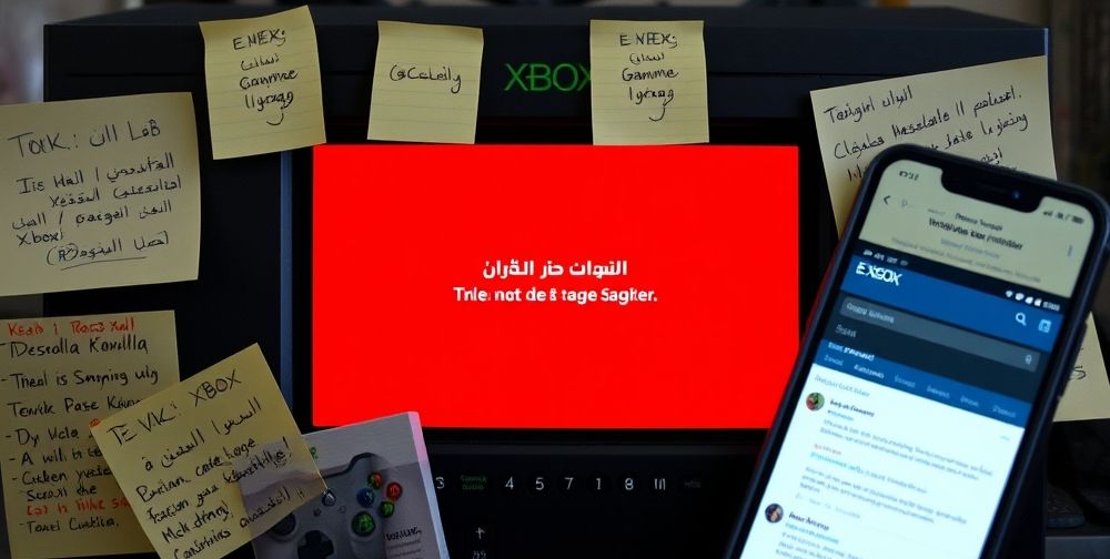 A close-up shot of an Xbox console displaying a red error screen, with sticky notes around the console that have handwritten tips, Persian language error codes, and a smartphone open to a local gamers’ forum.