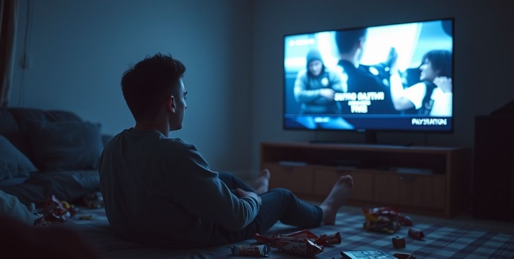 A young man alone in a dimly lit room late at night, surrounded by empty snack wrappers and a glowing television screen displaying a paused PlayStation game. The atmosphere reflects isolation, fatigue, and lingering loneliness.