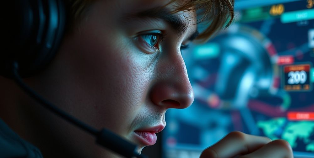 Close-up of a thoughtful gamer, reflecting the impact of video games on human psychology. The screen shows complex AI-driven game scenarios, with emotion and concentration visible on the player’s face. Background elements suggest analytical and emotional engagement.