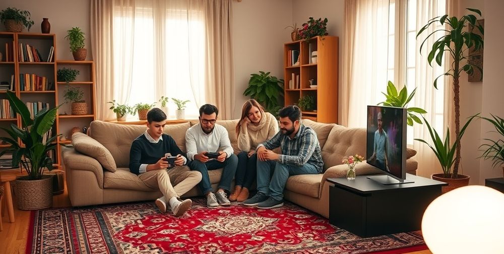 A cozy Persian family living room filled with warm light. Parents are sitting together with their young son and daughter, discussing a video game on a modern gaming console. A Persian carpet, bookshelves, and vibrant house plants add to the welcoming atmosphere, creating a balance between tradition and digital life.